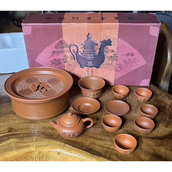 ASIAN SERVING SET Clay Stoneware Rice Warmer Sauce Bowl Lid Saucer 6 Mini Cups & - Picture 1 of 10